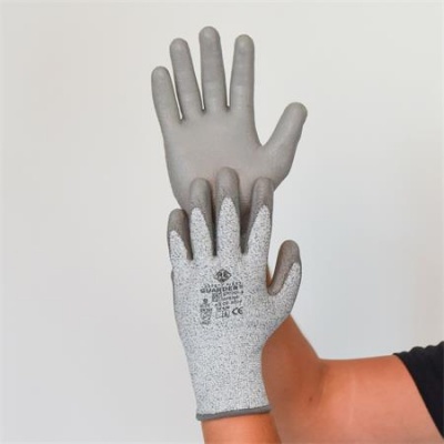Védőkesztyű, HPPE, tenyerén PU mártott, vágásbiztos, S méret, szürke