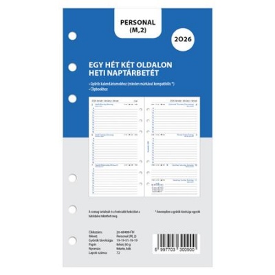 Kalendárium betét, tervező, Filofaxhoz, personal méret, heti, 1 hét/2 oldal, 2026